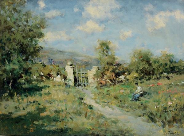 Ivan Karpoff (1898 - 1970) Paesaggio agreste con contadina