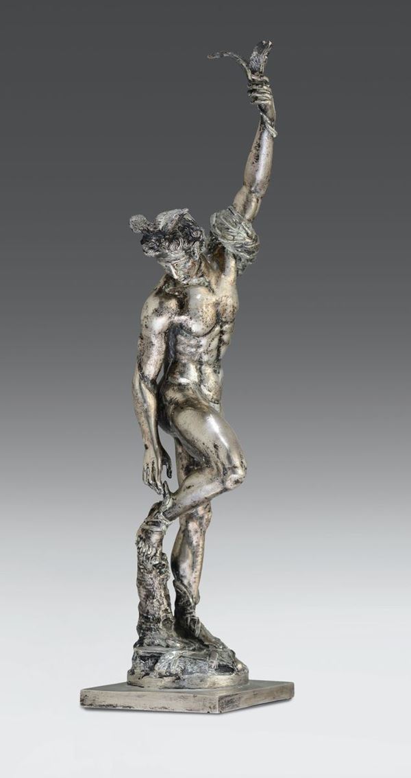 Bella fusione in argento raffigurante il Dio Hermes (Mercurio). Punzoni italiani del XX secolo
