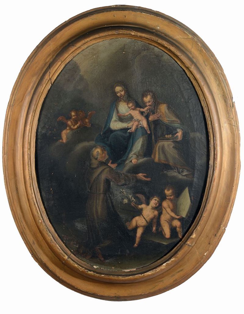 Scuola Italiana del XVIII secolo Sacra Famiglia con Santo in preghiera e Angeli  - Asta Dipinti Antichi - Cambi Casa d'Aste