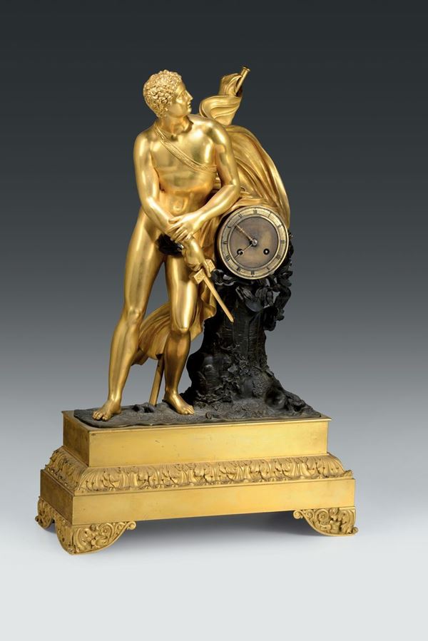 Pendola da tavolo in bronzo dorato, Francia 1830 circa