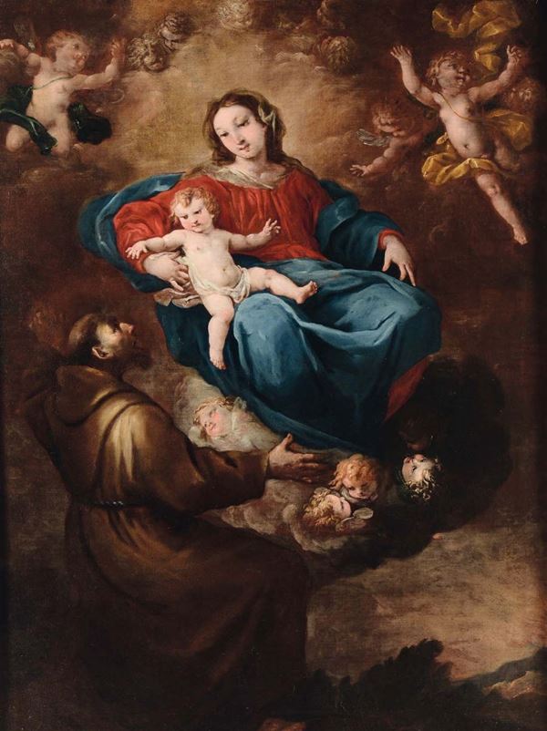 Artista Senese del XVII secolo Madonna in gloria con Bambino e Santo