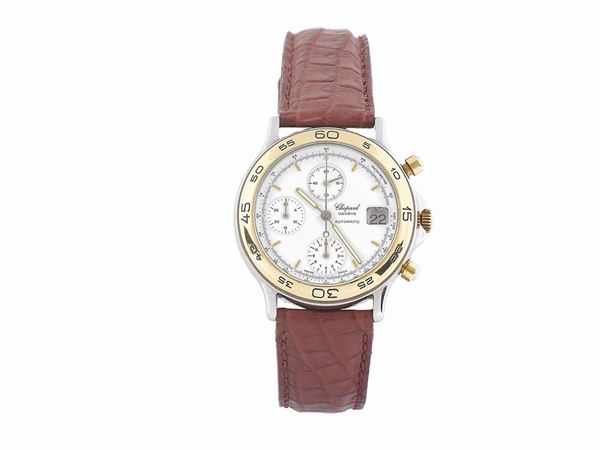 CHOPARD,  Genève, Ref. 8168, self-winding, water-resistant, 18K yellow gold and stainless steel  wristwatch with round button chronograph, registers, date and a gold plated Chopard  buckle. Accompanied by the original box. Made circa 1990
