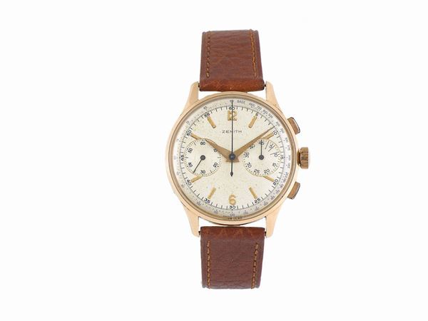 Zenith, “Chronograph”, case No. 773111, 18K yellow gold wristwatch with square button chronograph, registers, and tachometer. Made circa 1960