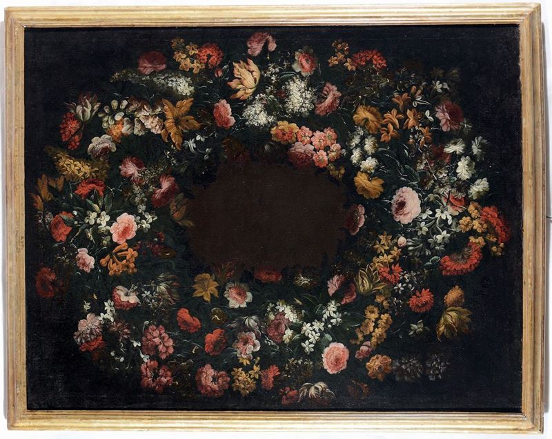 Pittore Emiliano del XVII secolo Corona floreale  - Asta Dipinti Antichi - Cambi Casa d'Aste
