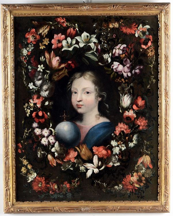 Pittore Emiliano del XVII secolo Coppia di dipinti con figure e corona di fiori
