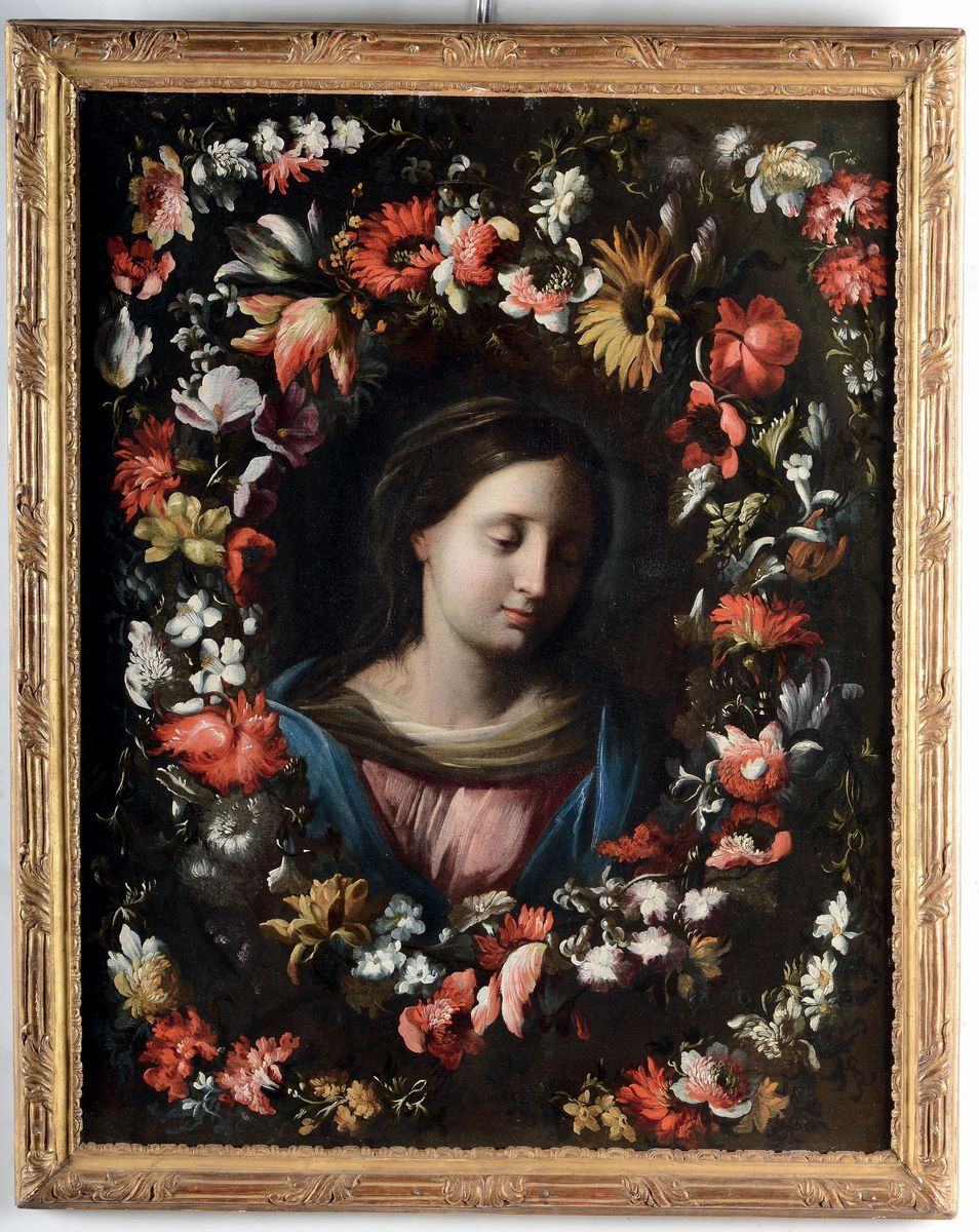 Pittore Emiliano del XVII Secolocoppia di Dipinti con Figure e Corona di Fiori