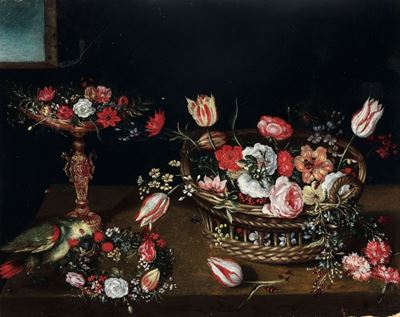 Jan Van Kessel (anversa 1626 - 1679), Ambito Dicesto e Alzata di Fiori con Pappagallino