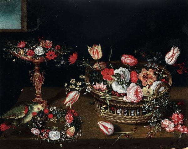 Jan Van Kessel (Anversa 1626 - 1679), alla maniera di Cesto e alzata di fiori con pappagallino