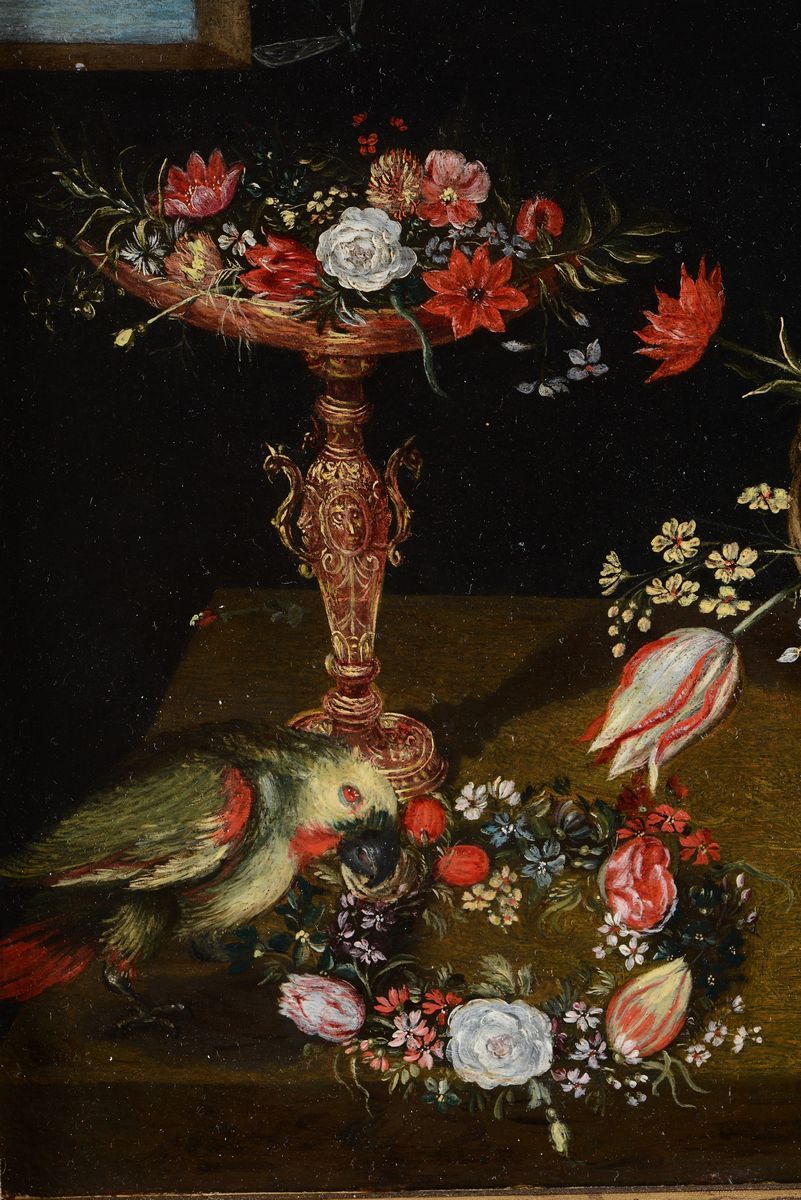 Jan Van Kessel (anversa 1626 - 1679), Ambito Dicesto e Alzata di Fiori con Pappagallino