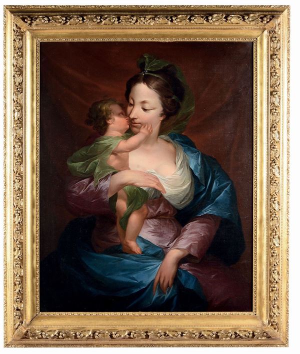 Pittore Nord Europeo del XVIII secolo Ritratto di donna con bambino con abito azzurro