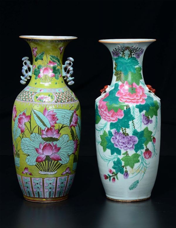 Two polychrome enamelled porcelain vases, China, Qing Dynasty, early 20th century