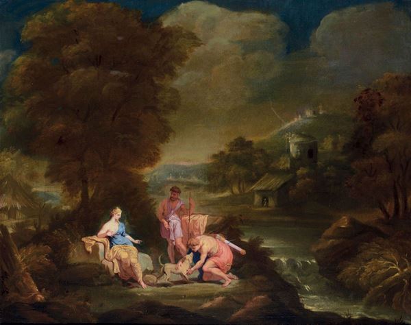 Pieter Mulier detto il Tempesta (Haarlem 1637 - Milano 1701), bottega di Paesaggio con Diana e i pastori lungo il fiume