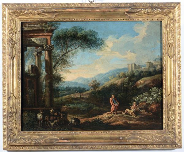 Jan Frans van Bloemen detto l’Orizzonte (Anversa 1662 - Roma 1749) Paesaggi con figure e rovine