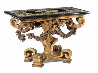 Console in Legno Intagliato e Dorato con Piano in Scagliola, Emilia XVII Secolo