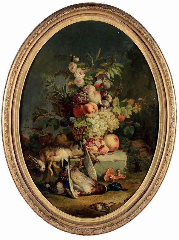 Anonimo del XIX secolo Natura morta con fiori, frutta e cacciagione