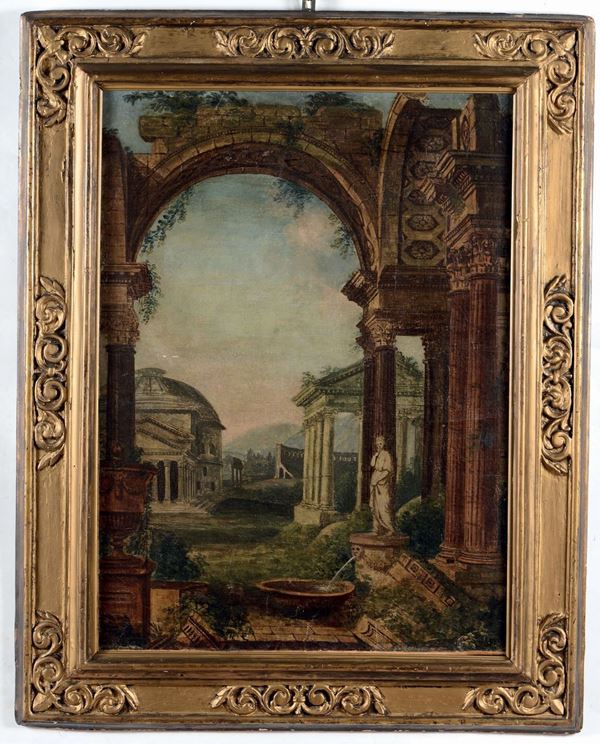 Pittore Romano del XVIII secolo Veduta con architetture classiche