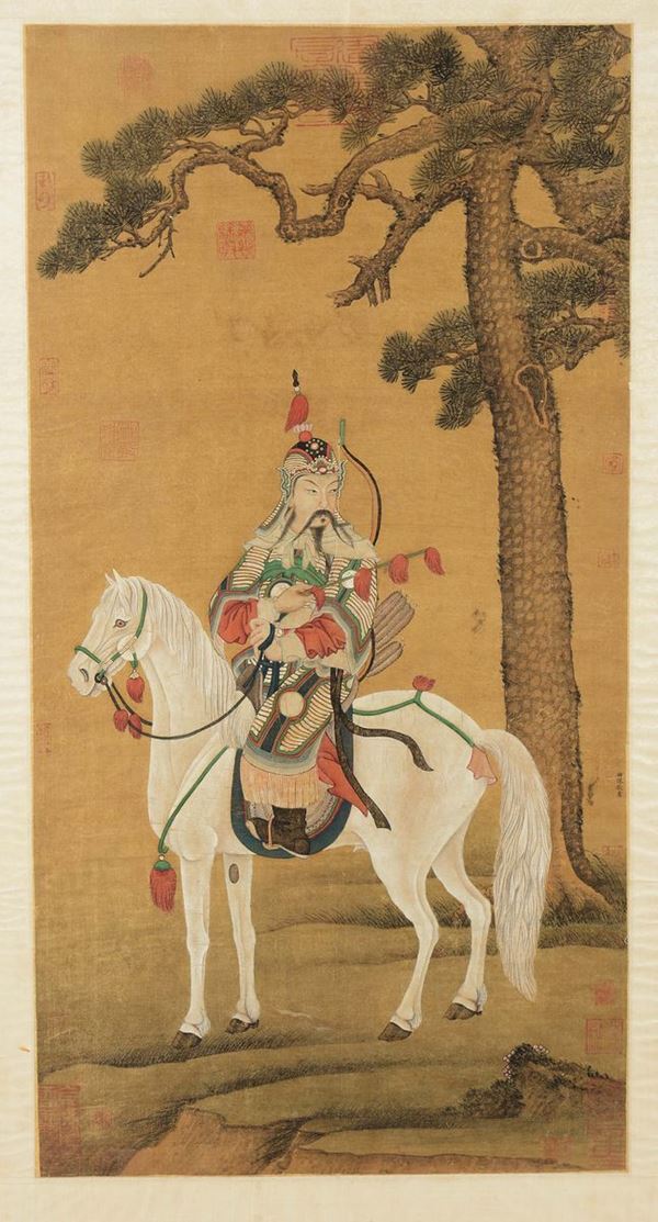 Dipinto su carta raffigurante guerriero a cavallo con firma dell'autore Tian Shen Jing, Cina, Dinastia Qing, XIX secolo
