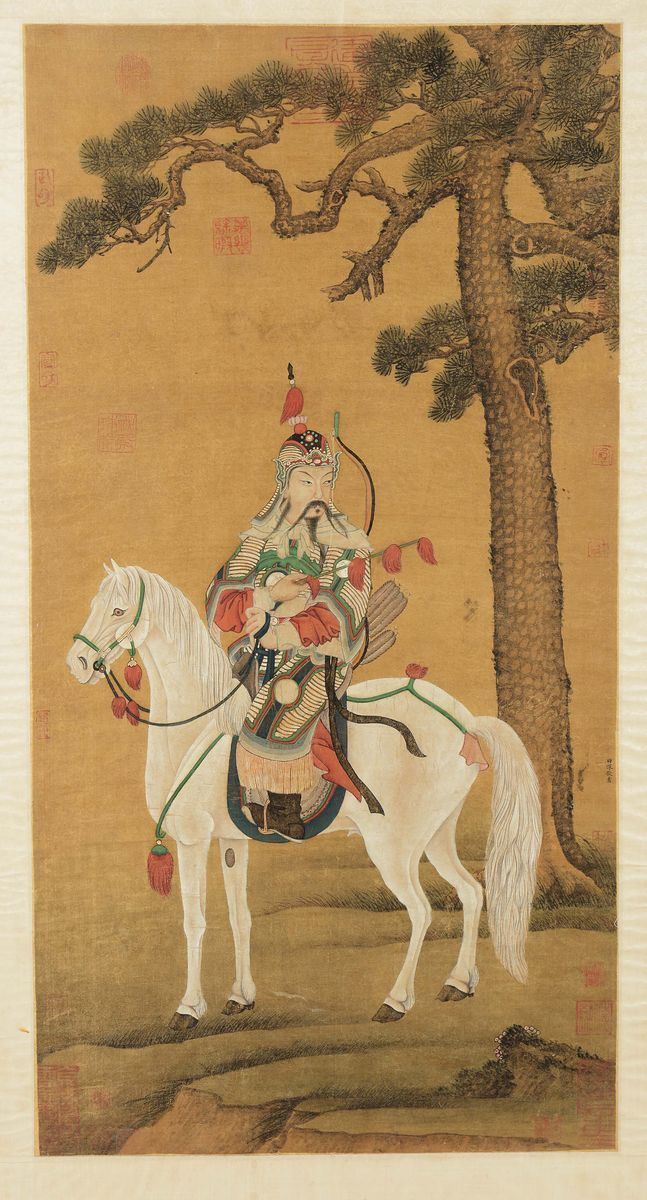 Dipinto su carta raffigurante guerriero a cavallo con firma dell'autore Tian Shen Jing, Cina, Dinastia Qing, XIX secolo  - Asta Fine Chinese Works of Art - Cambi Casa d'Aste