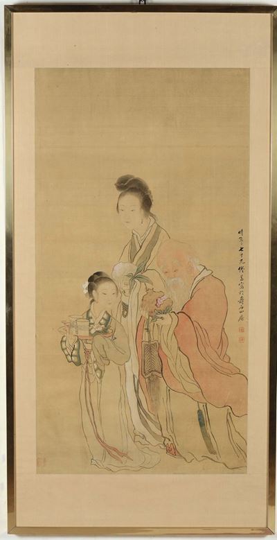 Dipinto su Carta Raffigurante Guanyin con Fanciulla ed Iscrizione e Firma Dell'autore Probabilmen...