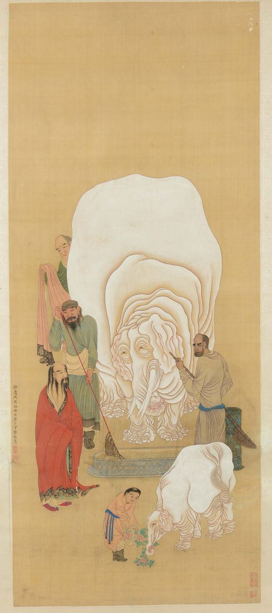 Dipinto su carta raffigurante saggi, domatori ed elefanti con iscrizione recante firma dell'autore Ting Yupeng, Cina, Dinastia Qing, XIX secolo