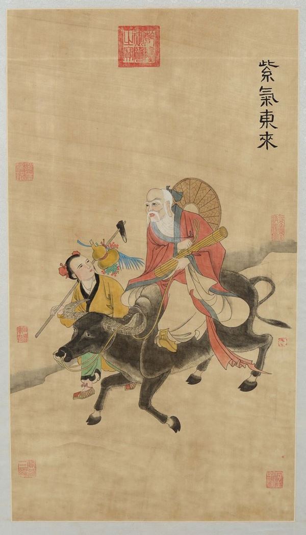 A painting on paper depicting wise man on buffalo and wayfarer with inscription: Lao Zi's journey to the West, China, Qing Dynasty, 19th century