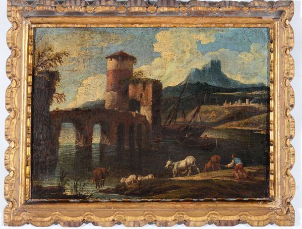 Scuola del XVIII secolo Paesaggi con figure e animali