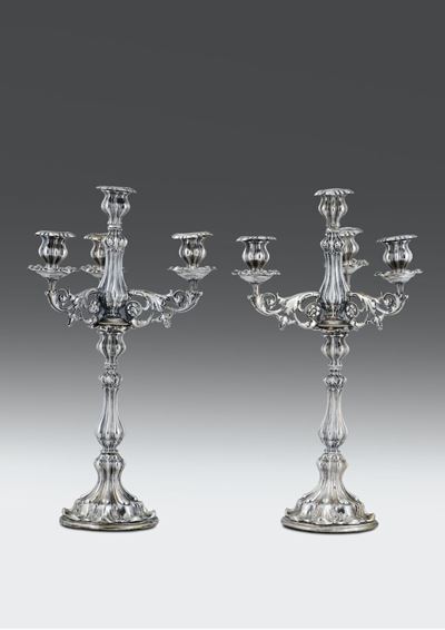 Coppia di Candelabri a Cinque Fiamme e in Argento Regno di Sardegna XIX Secolo, Punzone con Croce...