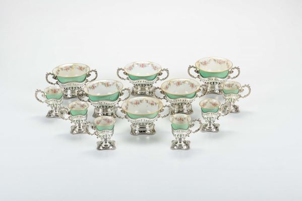 Servizio da colazione in argento e porcellana,Inghilterra, XX secolo