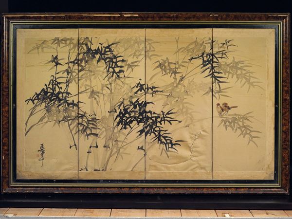 Dipinto su carta incorniciato raffigurante pettirossi tra canne di bamboo con iscrizione e firma dell'autore Ma Nian, Cina, Dinastia Qing, XIX secolo