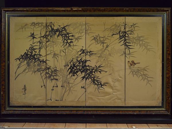 A painting on paper depicting robins between bamboos with inscription and Ma Nian' signature, China, Qing Dynasty, 19th century