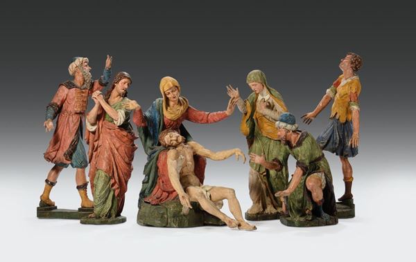 Importante gruppo ligneo per Sacro Monte raffigurante la Deposizione. Scultore lombardo attivo tra Lombardia e Piemonte nel XVI secolo