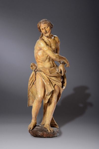 Grande Scultura in Legno Policromo Raffigurante Cristo alla Colonna. Scultore Ligure o Lombardo d...