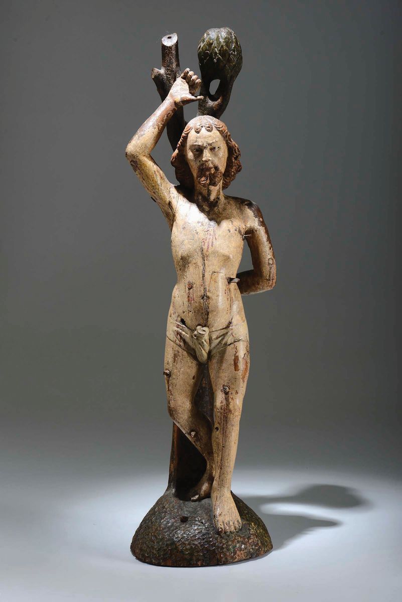 Scultura Raffigurante S.sebastiano in Legno Policromo. Scultore Fiammingo Operante tra il XV ed i...