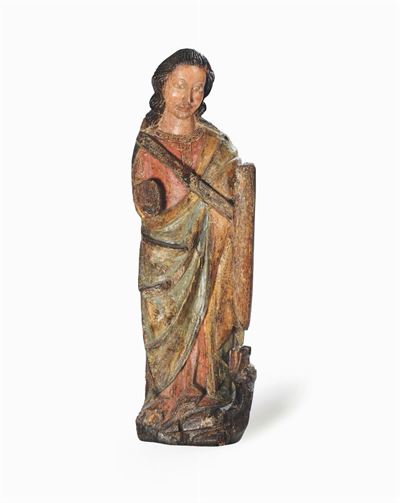 Scultura in Legno Raffigurante S.michele e il Drago. Arte Spagnola Dell’area Pirenaica tra XIII e...