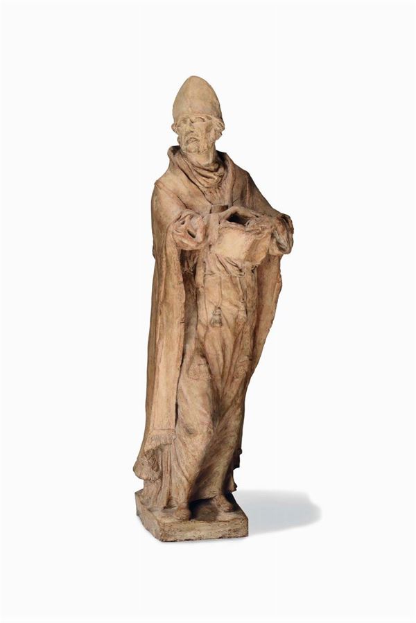 A terracotta sculpture depicting a bishop saint (Saint Augustine?). Baroque sculptor from Lombardy, end of the 17th century