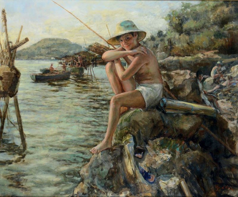 Ugo De Cesare (1950) Bambino sugli scogli  - Asta Dipinti del XIX e XX secolo - Cambi Casa d'Aste