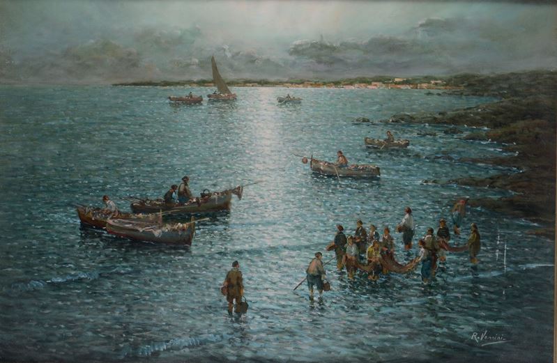 R. Vannini (XIX-XX secolo) Barche e pescatori  - Asta Dipinti del XIX e XX secolo - Cambi Casa d'Aste