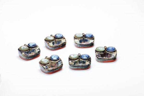 Six polychrome enamelled porcelain double inkpots, China, 20th century