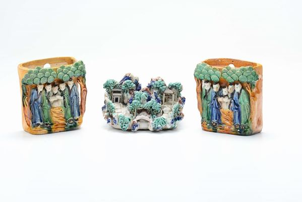 Three glazed stoneware brushpots, China, 20th century