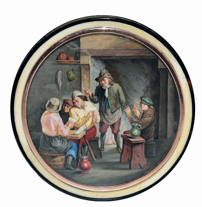Scatola tabacchiera circolare in tartaruga e avorio, Olanda XVIII secolo  - Auction Fine art - II - Cambi Casa d'Aste