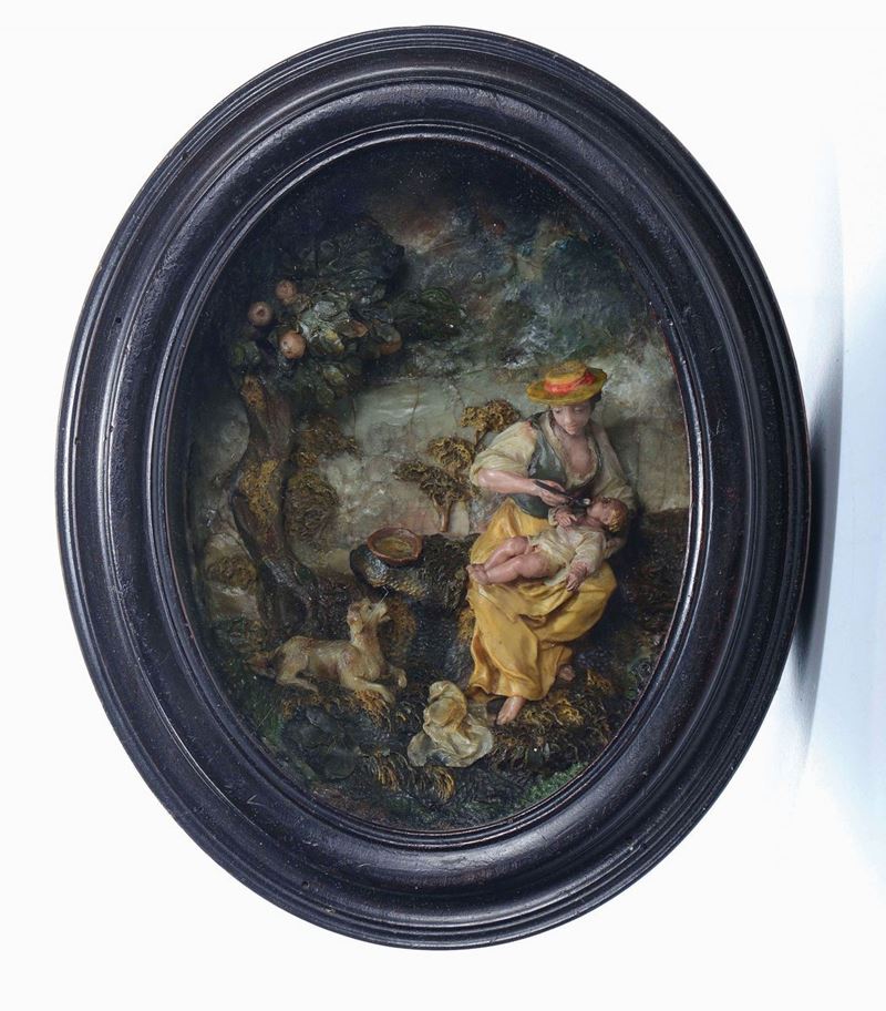 Amore materno. Cere policrome, entro cornice in legno ebanizzato ovale  - Asta Scultura e Oggetti d'Arte - Cambi Casa d'Aste