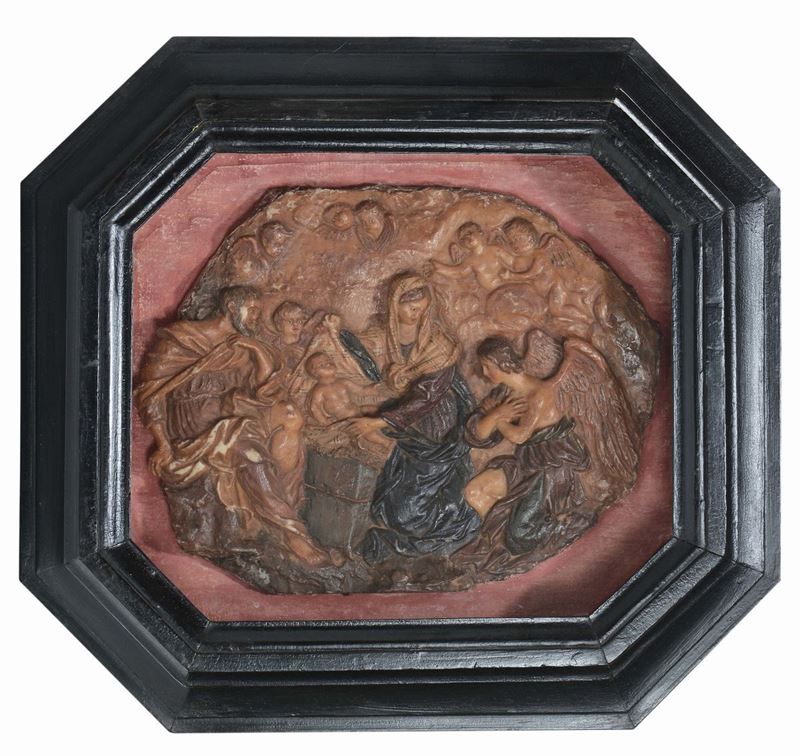 A high-relief in painted wax with the Nativity scene, Italian wax modeller, Rome, 17th-18th century  - Auction Sculpture and Works of Art - Cambi Casa d'Aste