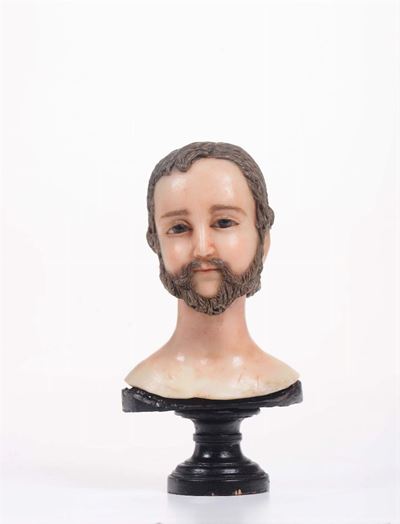 Busto in Cera Policroma Raffigurante Testa di Giovane (santo?), Italia Meridionale XIX Secolo