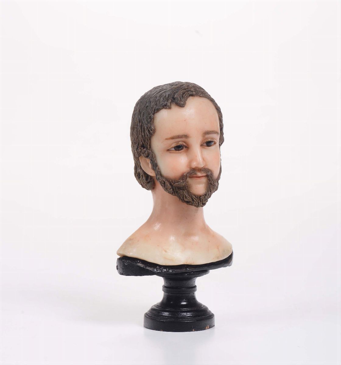 Busto in Cera Policroma Raffigurante Testa di Giovane (santo?), Italia Meridionale XIX Secolo