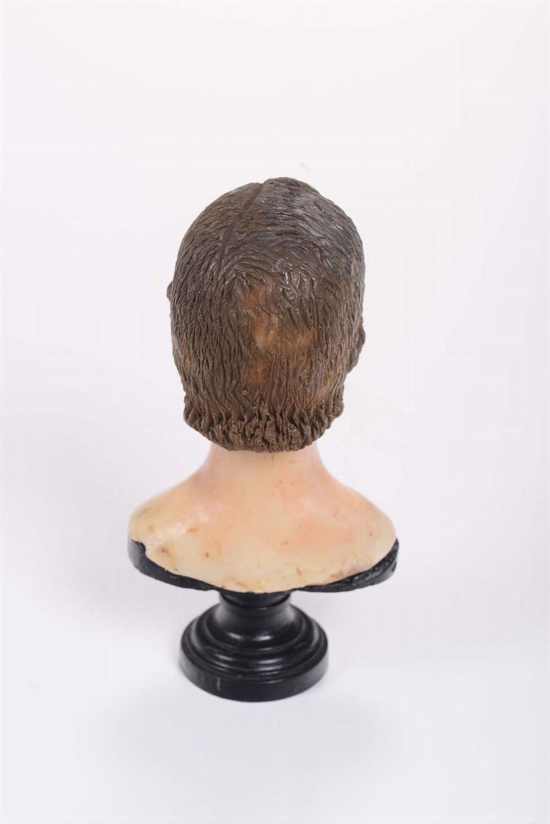 Busto in Cera Policroma Raffigurante Testa di Giovane (santo?), Italia Meridionale XIX Secolo