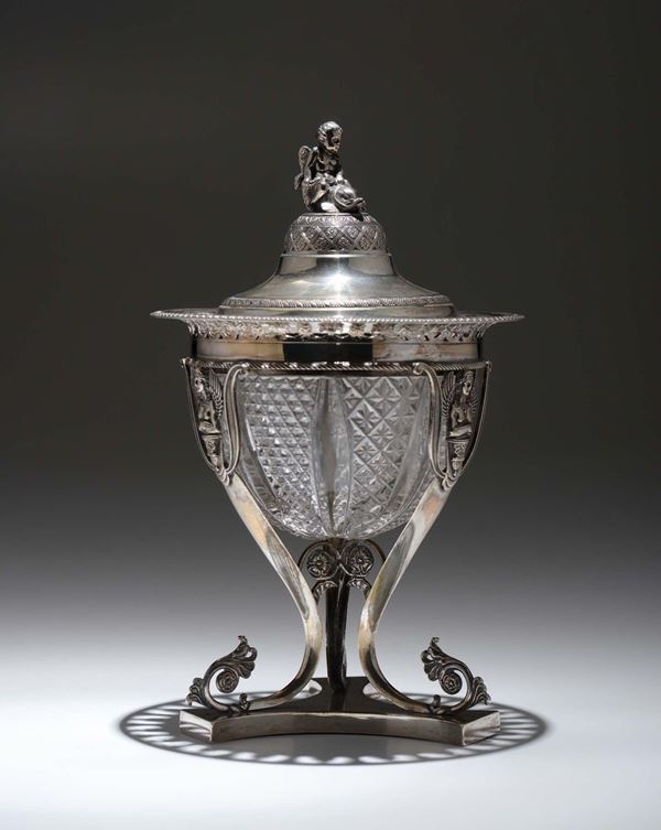 A crystal jam pot with silver lid, Milan, 19th century, Luigi Chatelain