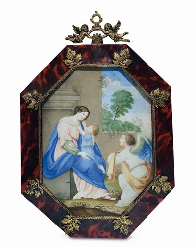 Dipinto a Tempera su Pergamena di Forma Ottagonale Rafffigurante Madonna con Bambino ed Angelo. R...