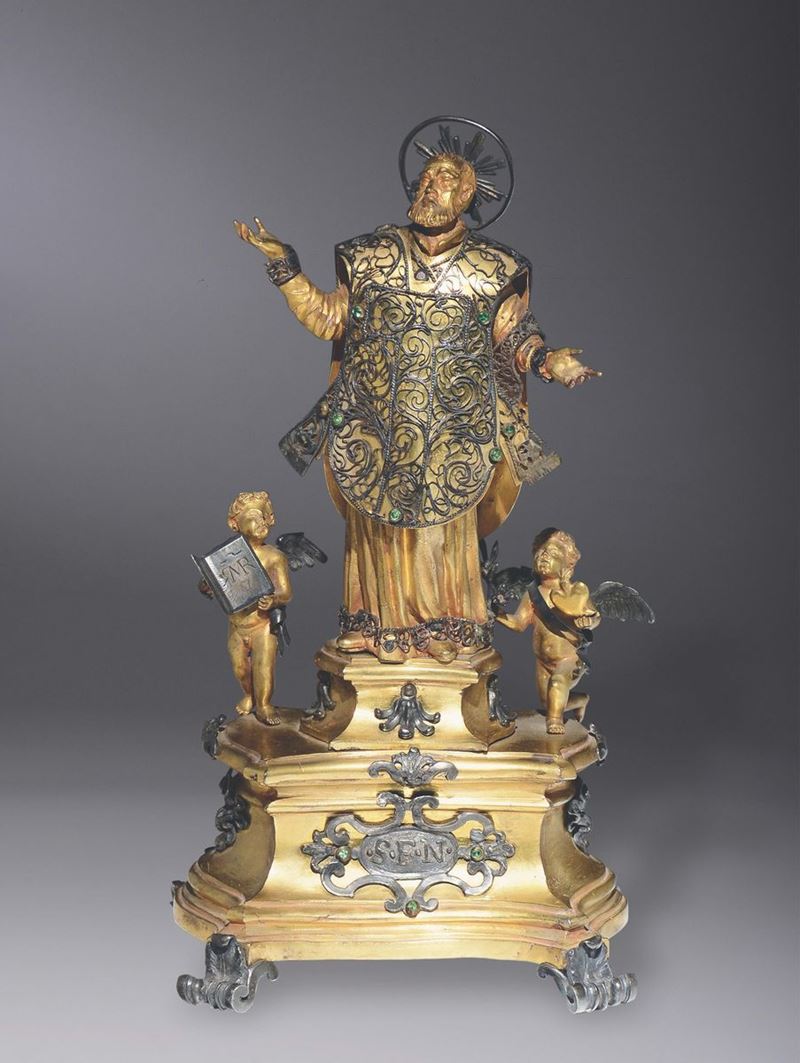 A group of bronze figures and semiprecious stones with St. Philip Neri with 2 angels. Rome, early 18th century  - Auction Sculpture and Works of Art - Cambi Casa d'Aste