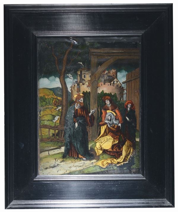 Dipinto sotto vetro raffigurante Gesù e le tre Marie, Germania meridionale o Tirolo, fine del XVI secolo