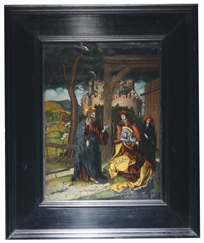 Dipinto sotto vetro raffigurante Gesù e le tre Marie, Germania meridionale o Tirolo, fine del XVI secolo  - Asta Scultura e Oggetti d'Arte - Cambi Casa d'Aste
